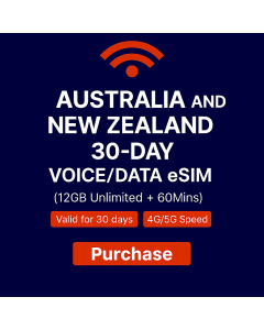 Australia and New Zealand 30-Day Voice/Data eSIM (12GB Unlimited + 60Mins)